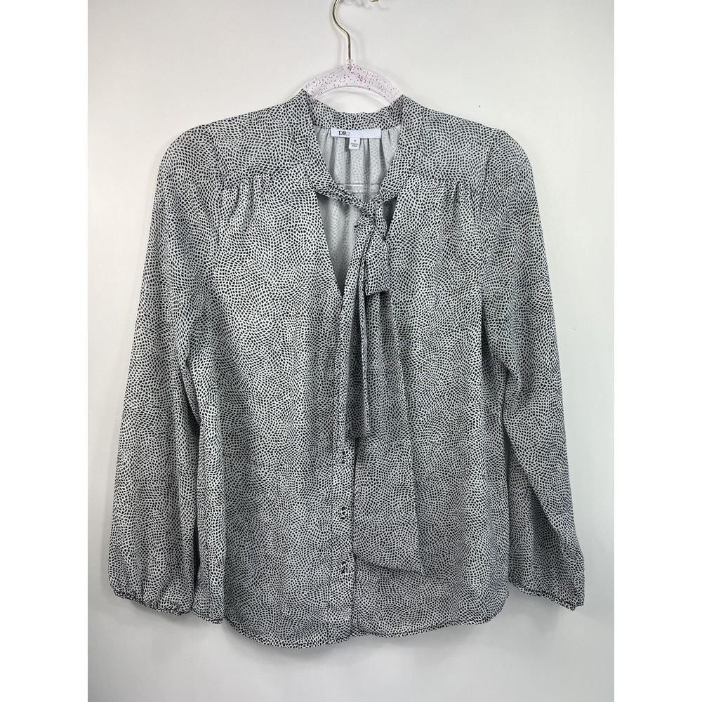 DR2 Blouse Women's Sz M White And Black Tie V-Neck Long Elastic Wrist Sleeve